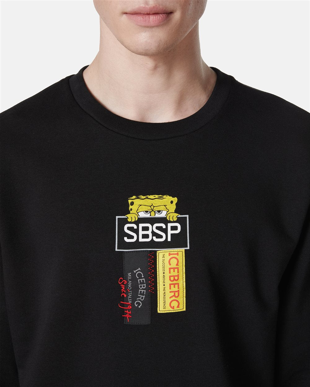 Black crewneck sweatshirt in scuba fabric and logo