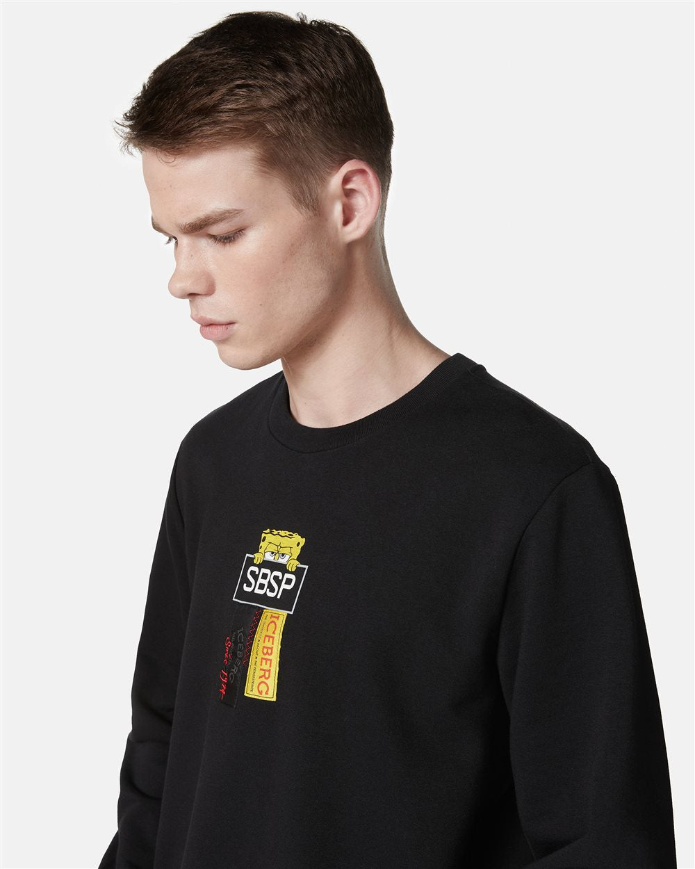 Black crewneck sweatshirt in scuba fabric and logo