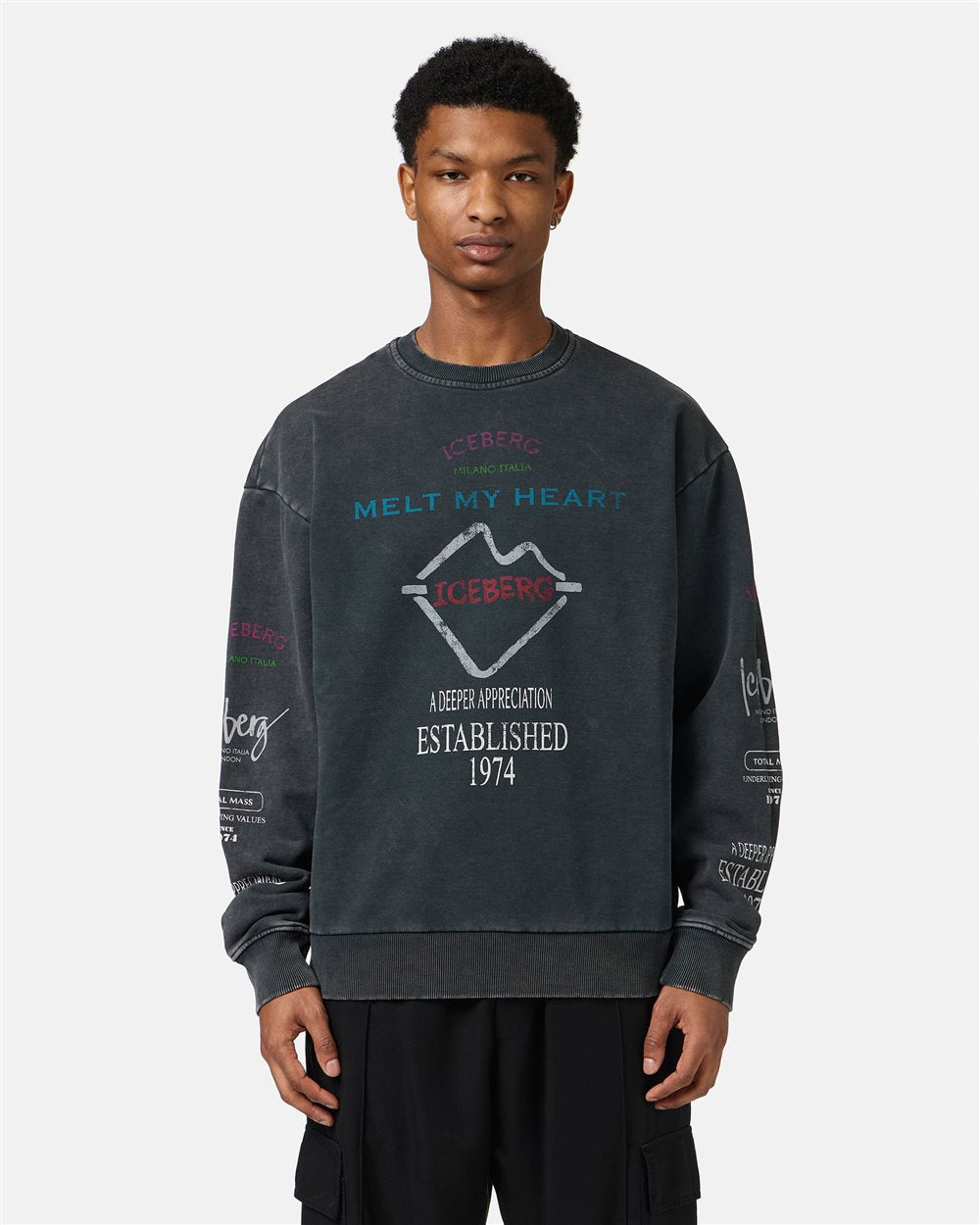 Regular fit black crewneck sweatshirt with Iceberg New Symbol print