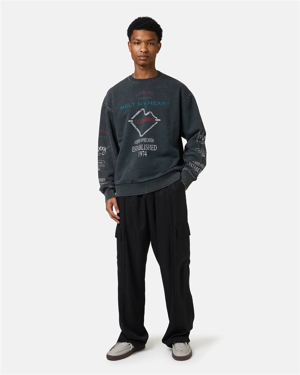 Regular fit black crewneck sweatshirt with Iceberg New Symbol print