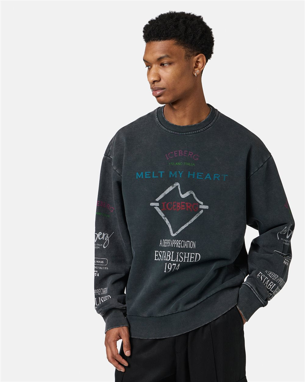 Regular fit black crewneck sweatshirt with Iceberg New Symbol print